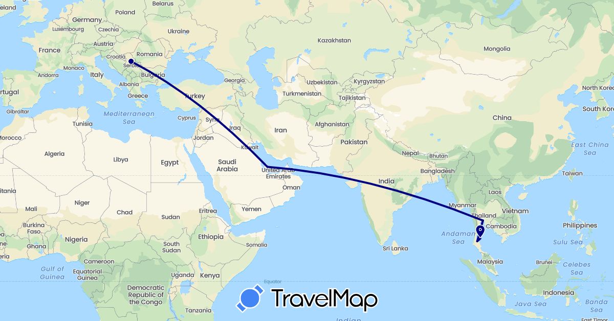 TravelMap itinerary: driving in Qatar, Serbia, Thailand (Asia, Europe)